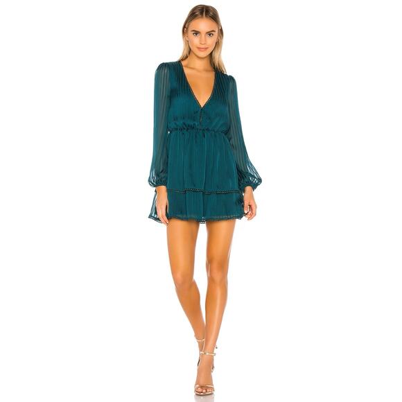 Privacy Please Alora Green Satin Mini Dress Long Sleeve Plunge Size Small
